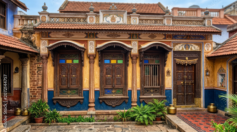 Fototapeta premium Chettinad architecture, Chettinad house, Chettinad mansion, Chettinad heritage house, Chettinad palace, wooden architecture, Athangudi tiles, Chettinad interiors, Karaikudi, tourism India, Sivagangai.