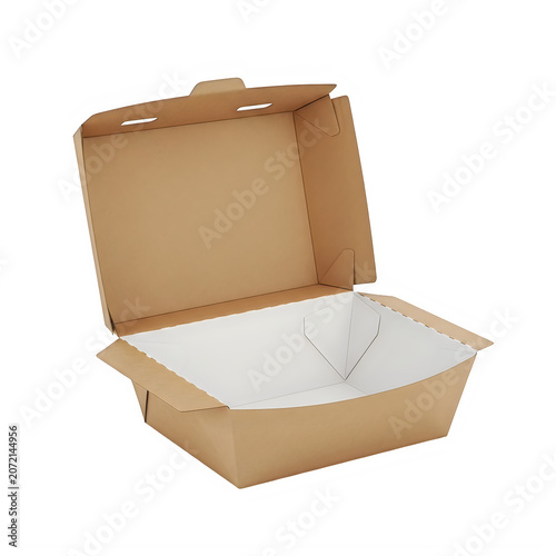 Open brown cardboard food container for takeout meals isolated on transparent background, illustration
