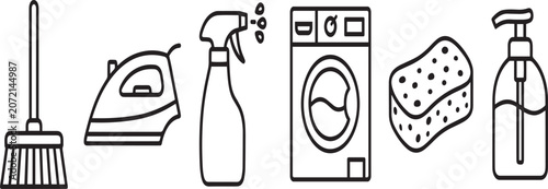 Household cleaning tools icon set containing broom iron spray bottle machine sponge pump.