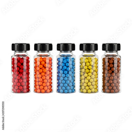 Five glass bottles filled with colorful candy balls isolated on transparent background, illustration