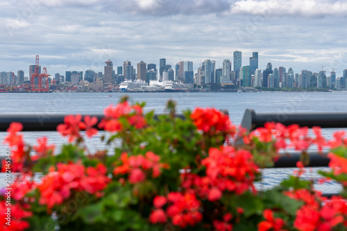 Burrard Inlet Vancouver Skyline Flowers BC. The Vancouver skyline across Burrard Inlet from North Vancouver.
