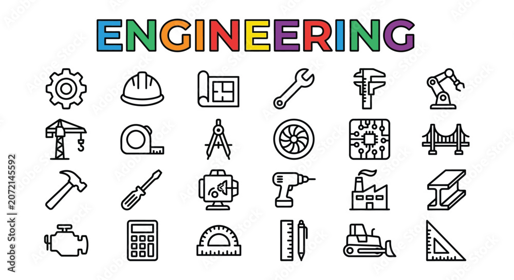 Naklejka premium Engineering Icons Collection Black Line Art On White Background
