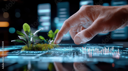 Hand interacting with digital plants on futuristic interface, symbolizing technology and nature integration