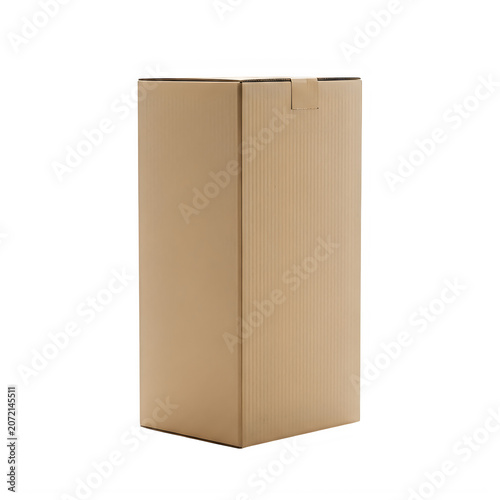 Tall brown cardboard box standing upright isolated on transparent background, illustration