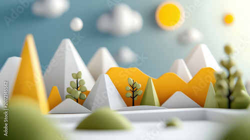Colorful paper landscape with mountains, trees, and sun creates cheerful atmosphere