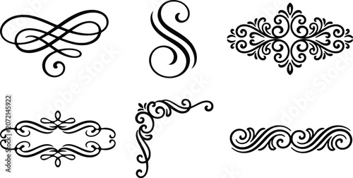 Collection of decorative floral swirls flourishes frames and page dividers vector design.