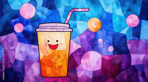 Cheerful beverage in colorful stained glass style, featuring smiling cup with straw against vibrant abstract background