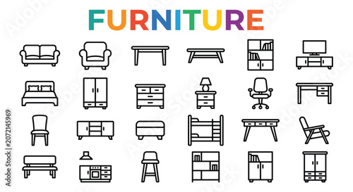 Tableau sur toile Furniture Icons Line Art Set On White Background