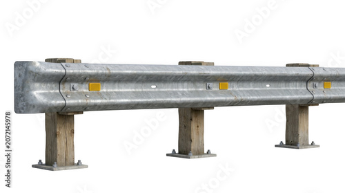 Galvanized steel highway guardrail on weathered wooden posts with yellow reflectors