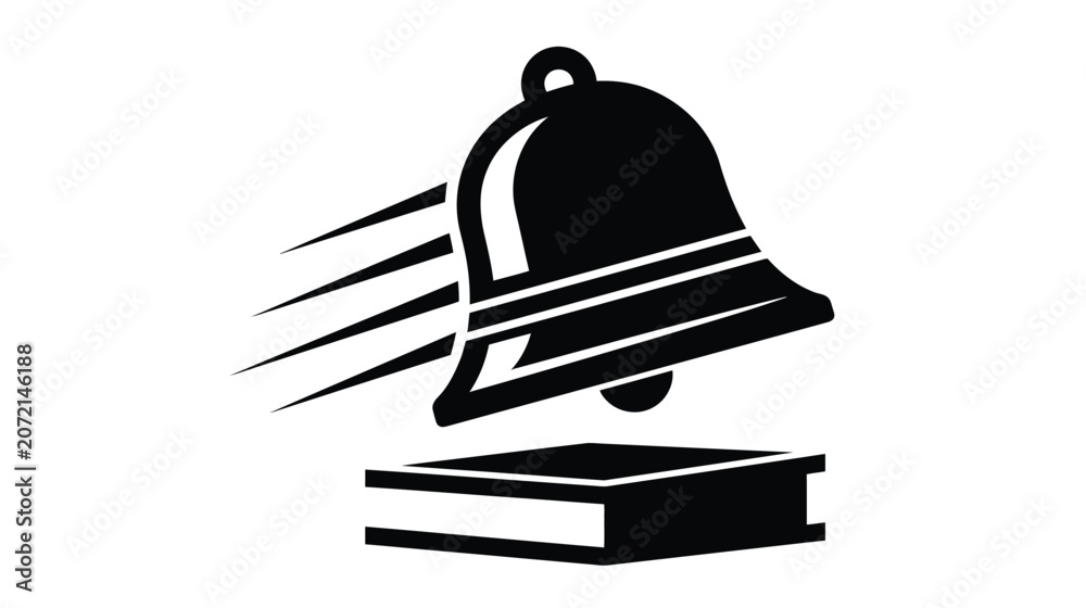Fototapeta premium Bell ringing above a closed book represents the start of a new lesson or an academic announcement, featuring a bold black silhouette design that provides plenty of clean copy space for your text.