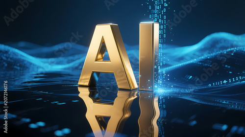 Golden ai letters on blue data waves
