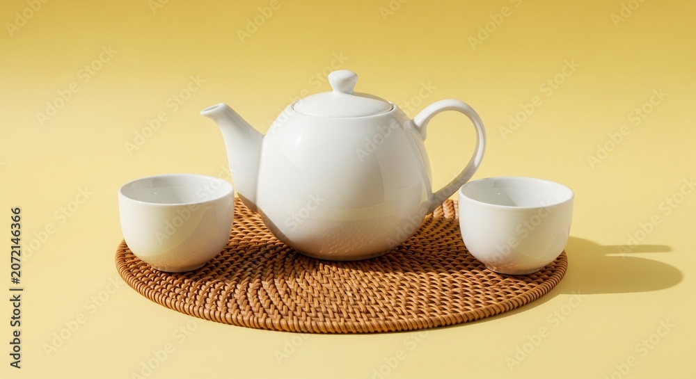 Fototapeta premium Minimalist White Ceramic Teapot and Cups on Woven Mat
