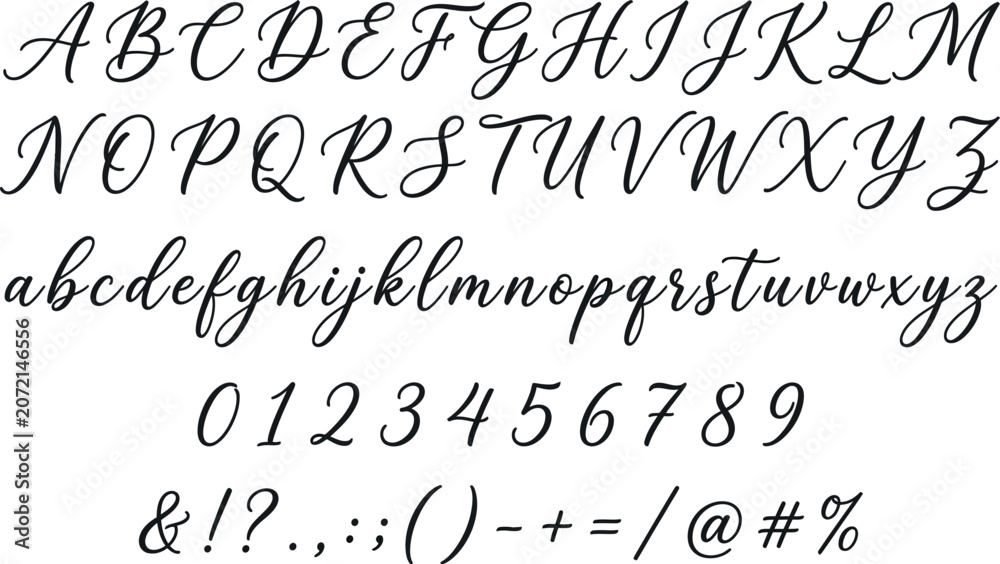 Naklejka premium Elegant Calligraphy Font Set: Hand-Drawn Cursive Script Alphabet with Uppercase, Lowercase, Numbers, and Symbols for Wedding Invitations, Branding, and Sophisticated Graphic Design Projects.