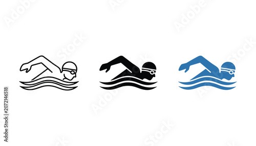 Photos Professional swimmer swimming freestyle in pool water set of vector icons showin