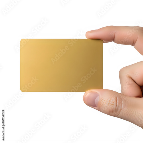 Hand holding a blank gold business card isolated on transparent background, illustration