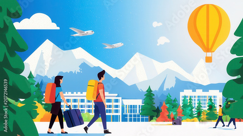 Travelers explore scenic landscape with mountains, trees, and hot air balloon, evoking adventure and wanderlust