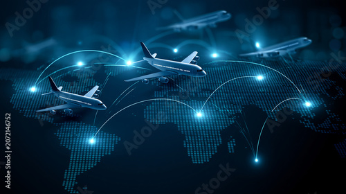 Global aviation flight path vector illustration showing airplane route icons across a dark navy blue background, international travel and logistics network concept, clean