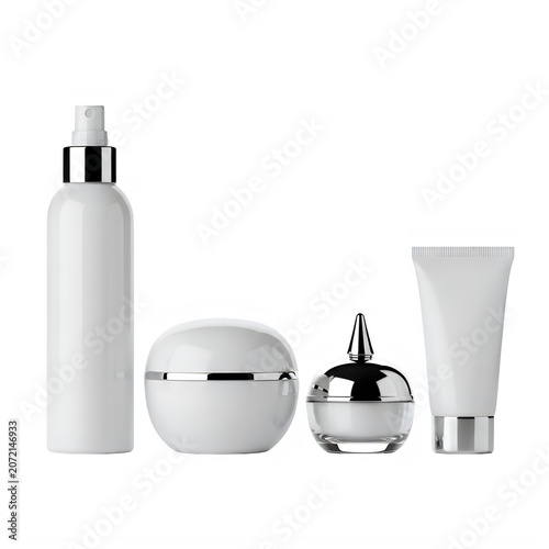 Set of blank white cosmetic bottles and jars for skincare isolated on transparent background, illustration