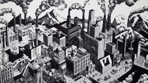 Urban landscape with factories, smoke, mountains, and buildings showcases industrialization and environmental impact