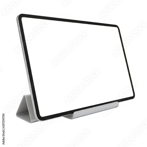 Modern tablet computer with a blank screen on a stand isolated on transparent background, illustration