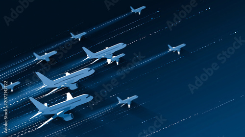 Minimalist airplane flight paths on a dark blue background with white aircraft silhouettes trailing dashed lines, global aviation and logistics vector design, with copy space