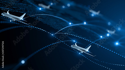 Minimalist airplane flight paths on a dark blue background with white aircraft silhouettes trailing dashed lines, global aviation and logistics vector design, with copy space