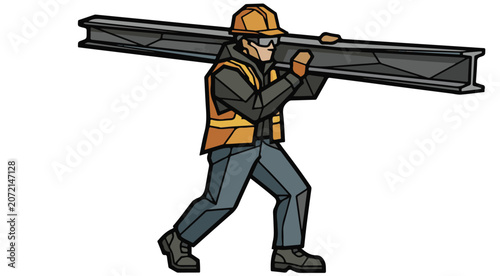 Εκτύπωση καμβά Construction worker carrying a steel I-beam vector illustration wearing hardhat