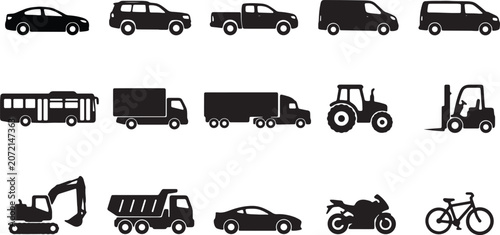 Transportation vehicle icons set including cars trucks bus tractor and heavy machinery art.