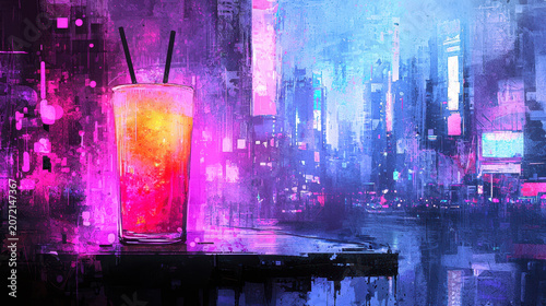 Vibrant cocktail sits on table, illuminated by colorful city lights in background, creating lively and energetic atmosphere