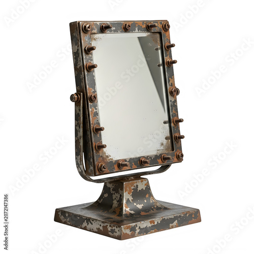 Vintage metal vanity mirror with distressed rustic finish isolated on transparent background, illustration