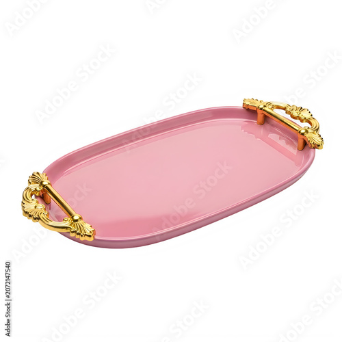 Pink ceramic serving tray with decorative gold handles isolated on transparent background, illustration