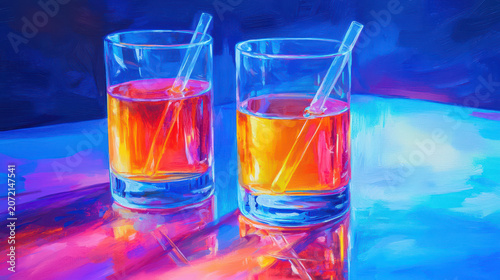 Brightly colored drinks in clear glasses with straws create vibrant and inviting atmosphere, perfect for social gatherings or celebrations