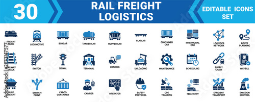 Tableau sur toile Set of 30 flat vector icons for rail freight logistics and industrial railway tr