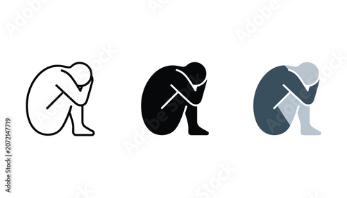 Tableau sur toile Person sitting in fetal position icon set depicting sadness depression or stress
