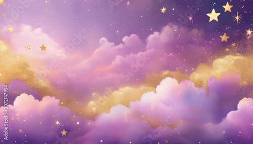 Pastel Purple Glitter Clouds With Golden Star Confetti Dreamy Fantasy Background For Creative Branding And Invitations