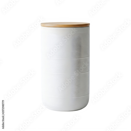 White ceramic kitchen storage jar with wooden lid isolated on transparent background, illustration