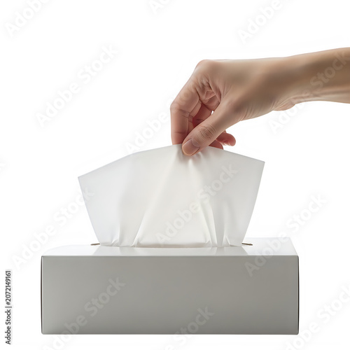Woman hand pulling a soft white tissue from a paper box isolated on transparent background, illustration