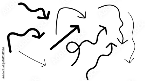 Hand Drawn Arrow Collection with Curved Arrows, Swirl Arrows and Freehand Direction Icons. Abstract Hand Drawn Arrow Set Featuring Doodle. Arrows, Curved Lines and Sketch Direction Symbols
