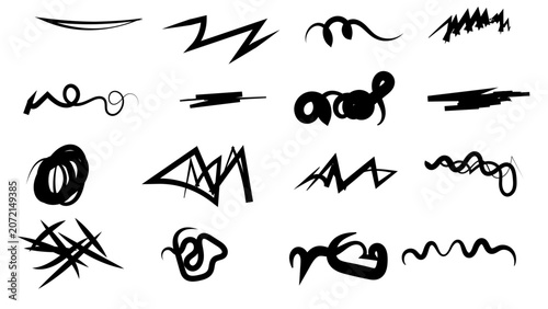 Abstract Hand Drawn Scribble Elements Set with Ink Brush Strokes, Doodles, Sketch Lines and Artistic Marks. Abstract Brush Stroke and Scribble Elements Collection with Hand Drawn Sketch Lines.