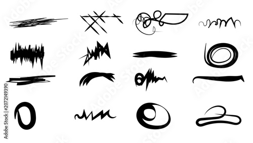 Abstract Hand Drawn Scribble Elements Set with Ink Brush Strokes, Doodles, Sketch Lines and Artistic Marks. Abstract Brush Stroke and Scribble Elements Collection with Hand Drawn Sketch Lines.