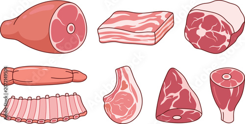 Tableau sur toile Raw Meat Cuts Collection with Pork, Ham, Bacon, Ribs, and Butcher Meat Pieces fo