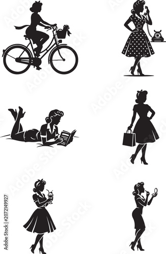 Set of black silhouettes of pinup girls in various vintage poses and activities