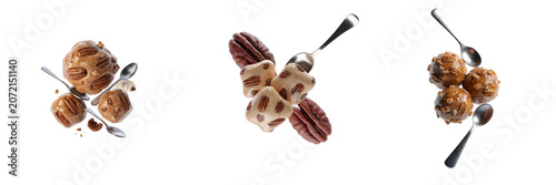 Set of three brown, glossy, walnut studded cookies with visible spoon marks isolated on a transparent background