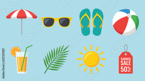 Foto Set of flat vector summer icons featuring colorful beach equipment including sun