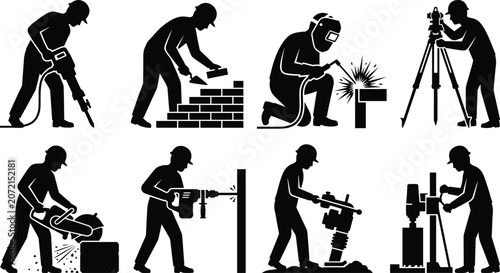 Foto Set of black construction worker silhouettes performing various trades including