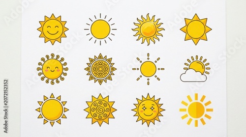 Collection of yellow sun icons with various expressions on white background