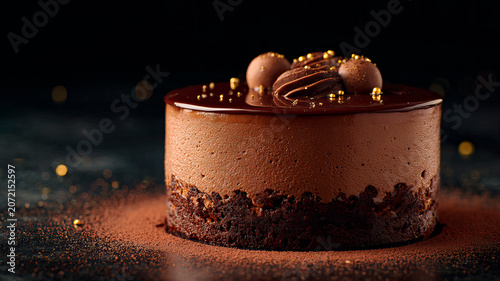 Chocolate mousse cake with mirror glaze, decorated with chocolates and gold decor