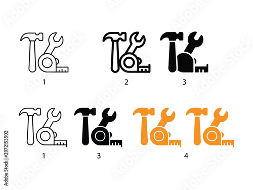 Collection of construction tool featuring hammers, wrenches, and tape measures in outline and solid styles