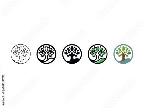 Five circular tree featuring nature and environmental concepts in outline, solid black, and green color styles
