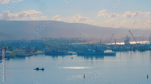 Naval vessels docked at industrial port terminal in Ensenada Mexico